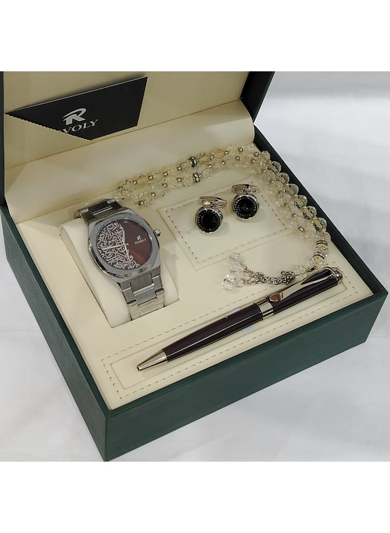 A men's set from the Rivoly brand consisting of a wristwatch decorated with Arabic inscriptions, a pen, a rosary, and a pair of cufflinks in a luxurious gift box.